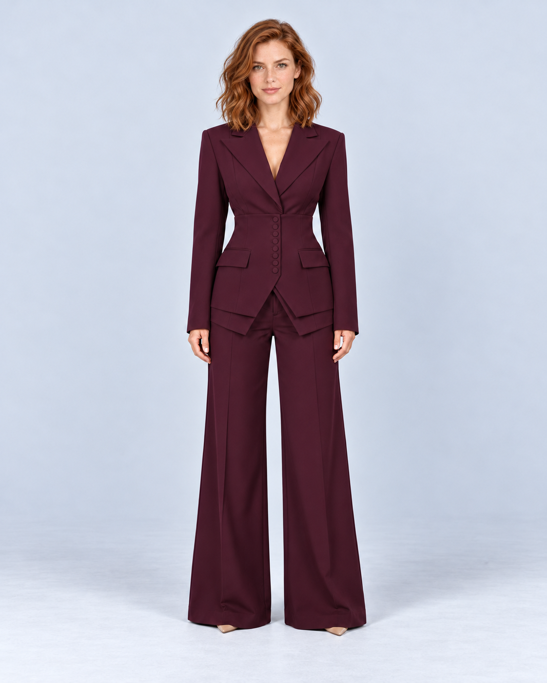 Women's tailored suit with wide-leg trousers in burgundy, front view