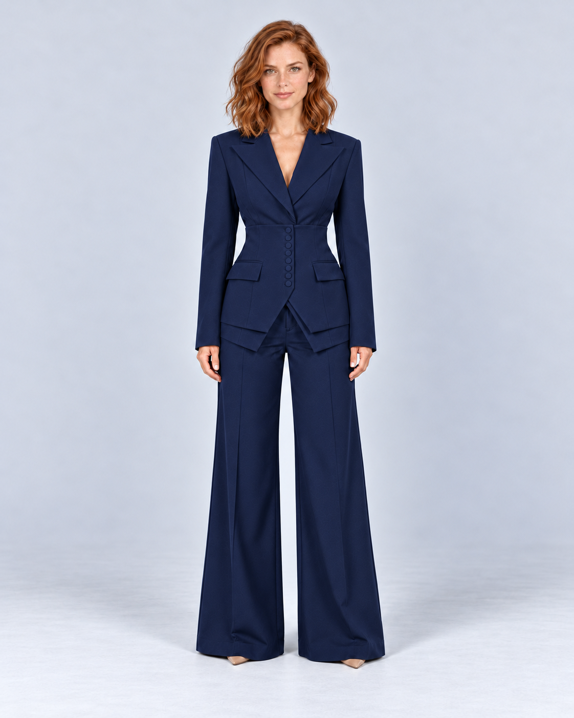Women's tailored suit with wide-leg trousers in navy, front view
