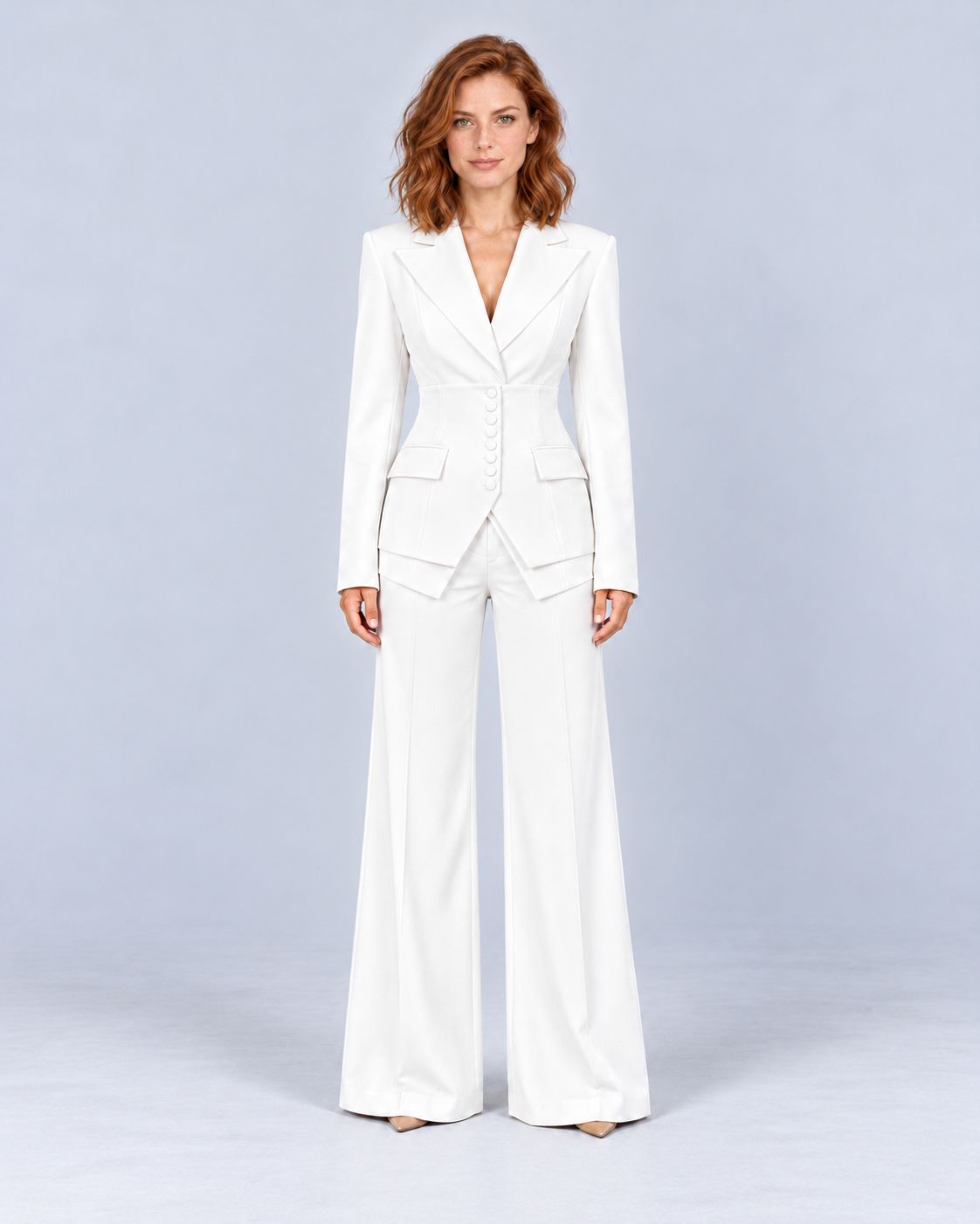 Women's tailored suit with wide-leg trousers in white, front view