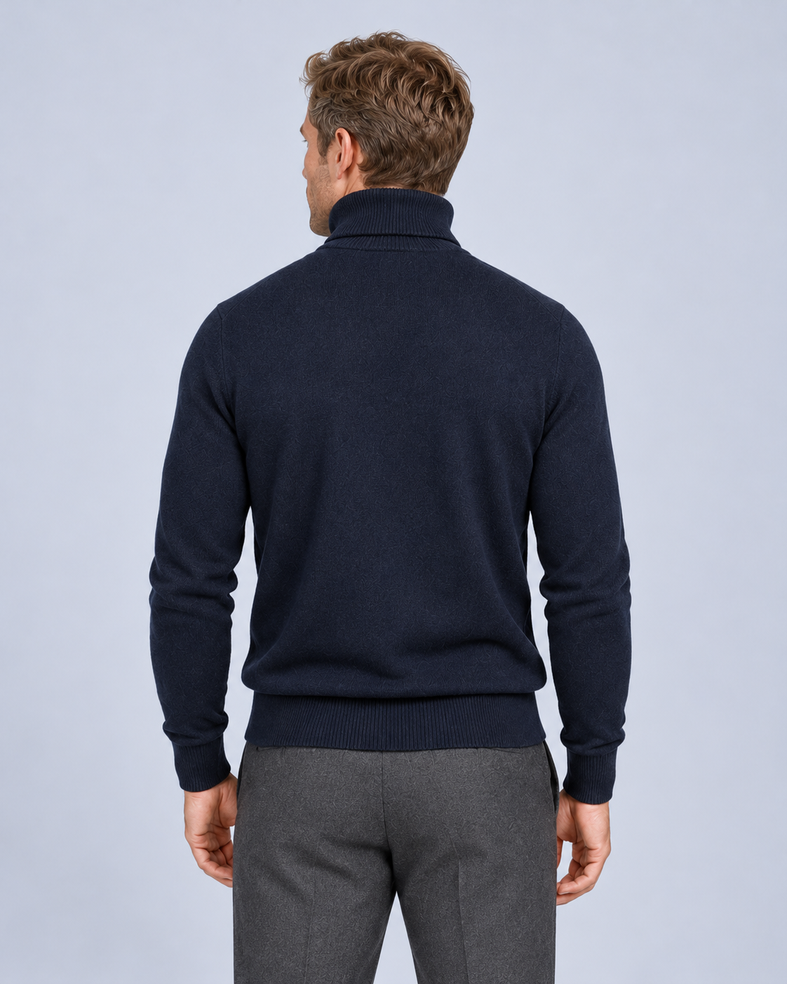 Ellis & Rowe Navy turtleneck sweater, back, studio photograph