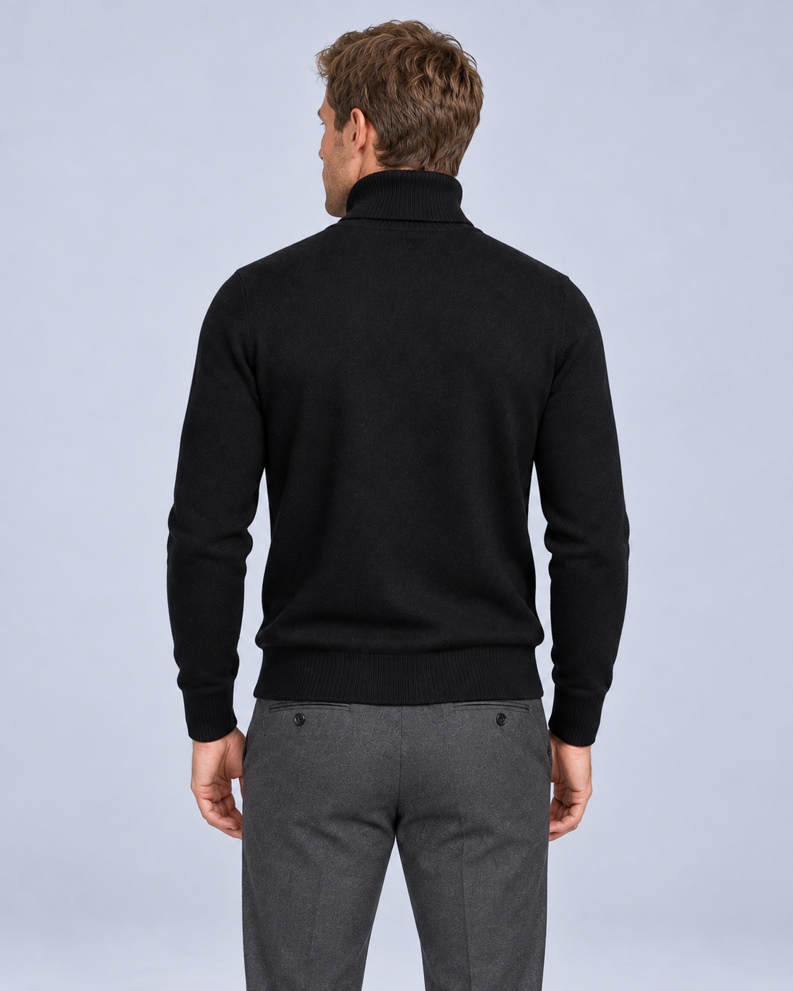 Ellis & Rowe Black turtleneck sweater, back, studio photograph