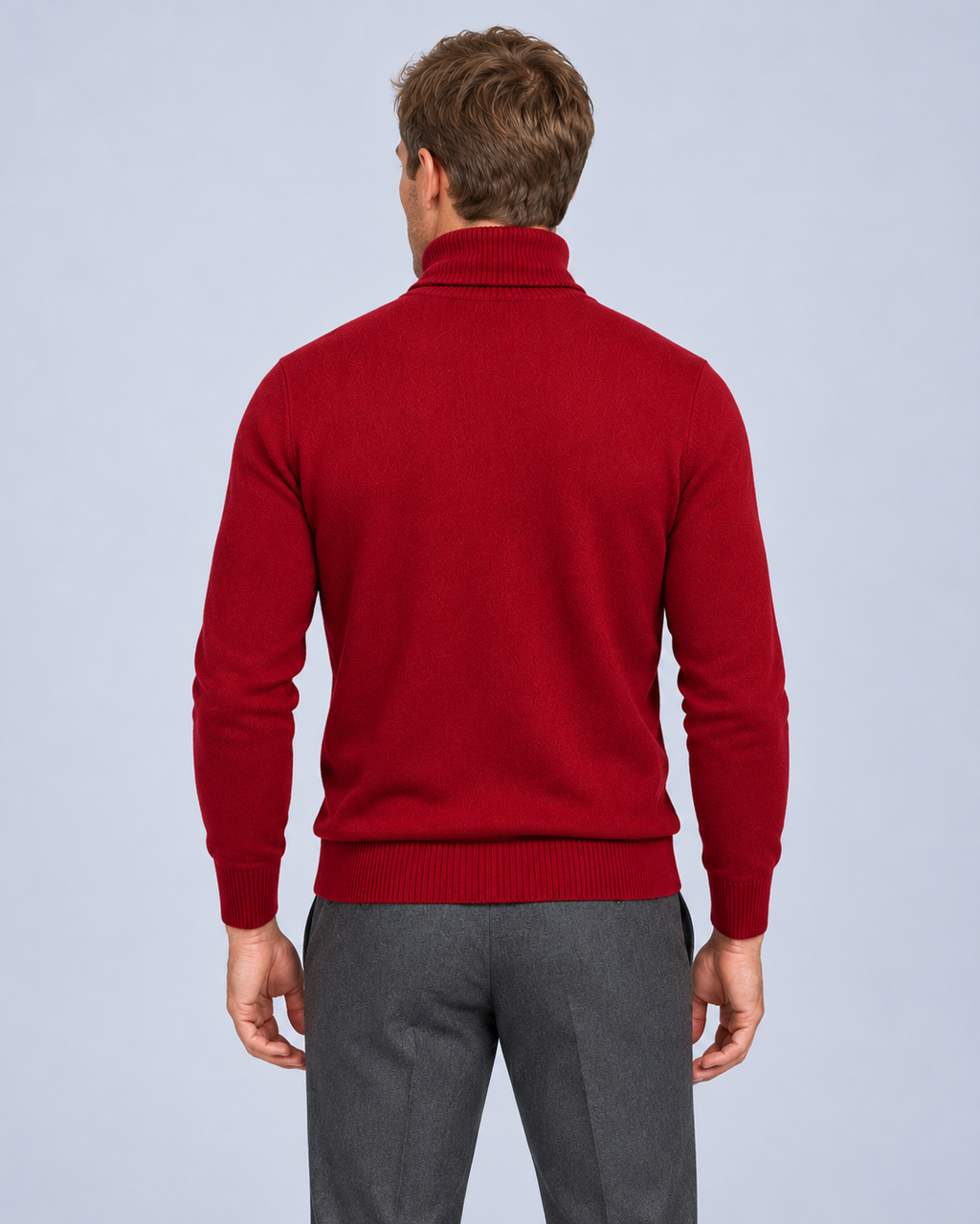 Ellis & Rowe Red turtleneck sweater, back, studio photograph