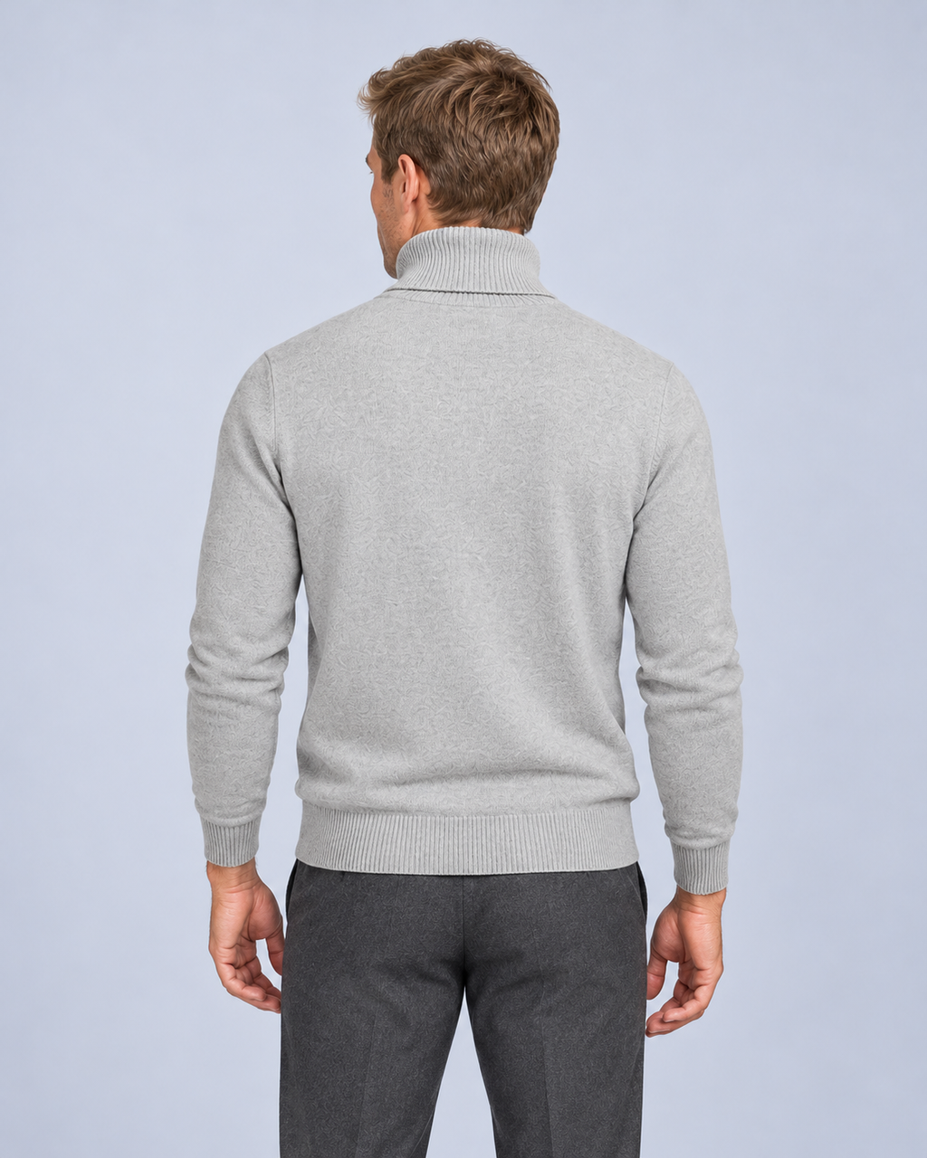 Ellis & Rowe Grey turtleneck sweater, back, studio photograph