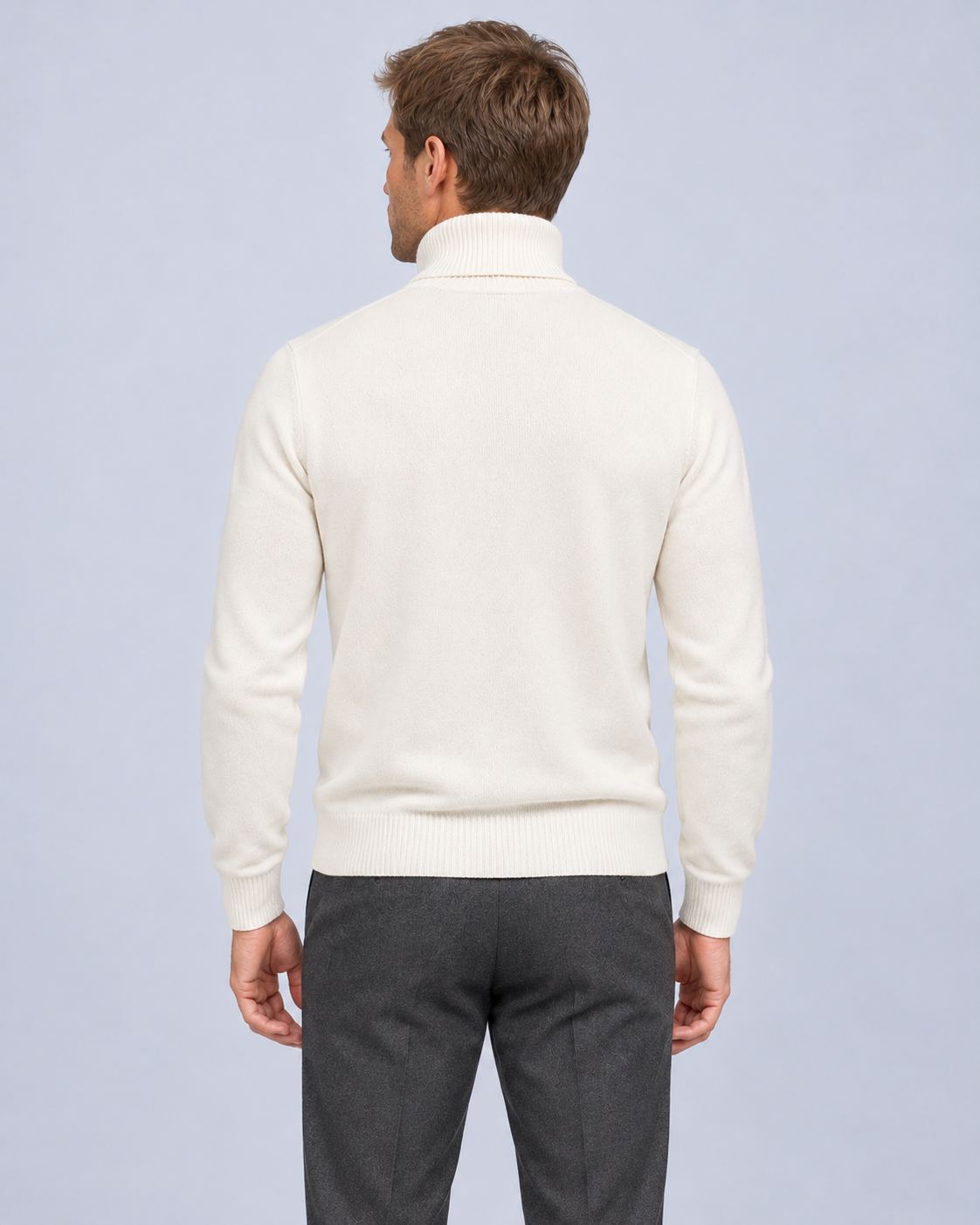 Ellis & Rowe White turtleneck sweater, back, studio photograph