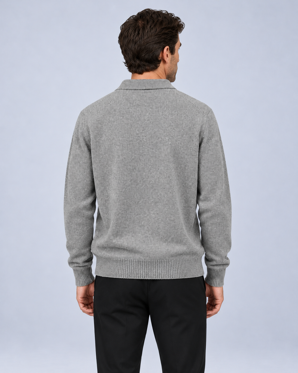 Ellis & Rowe Light Grey men's loose-fit collared long-sleeve knit pullover, back, studio photograph
