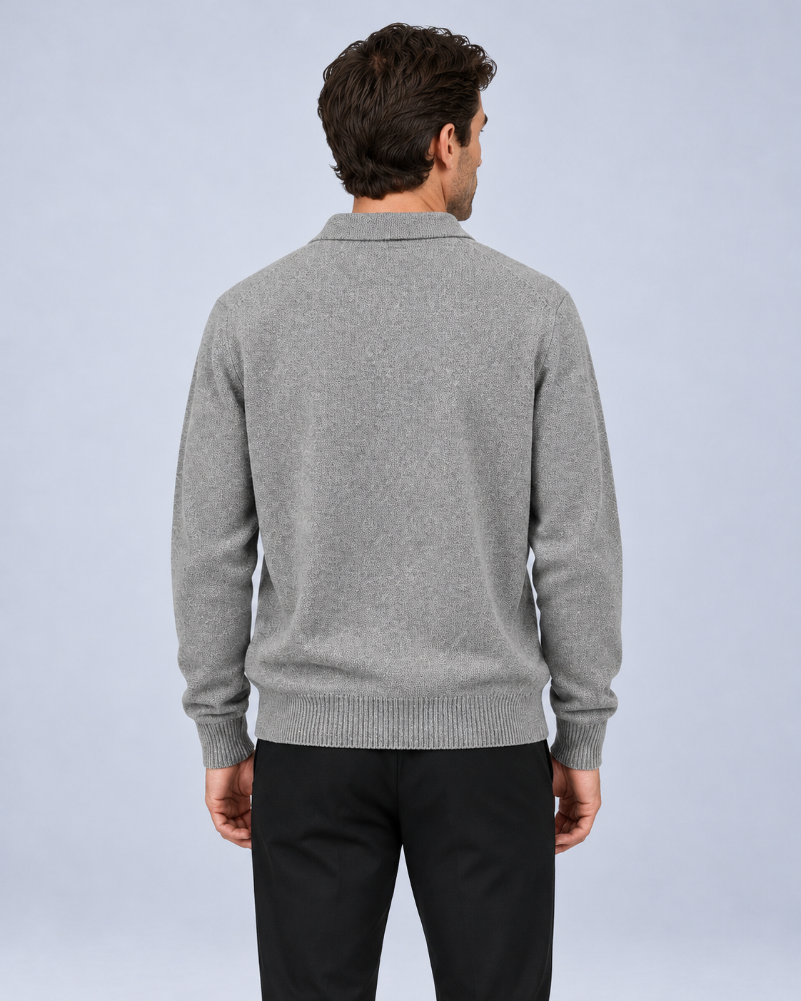 Ellis & Rowe Light Grey men's loose-fit collared long-sleeve knit pullover, back, studio photograph