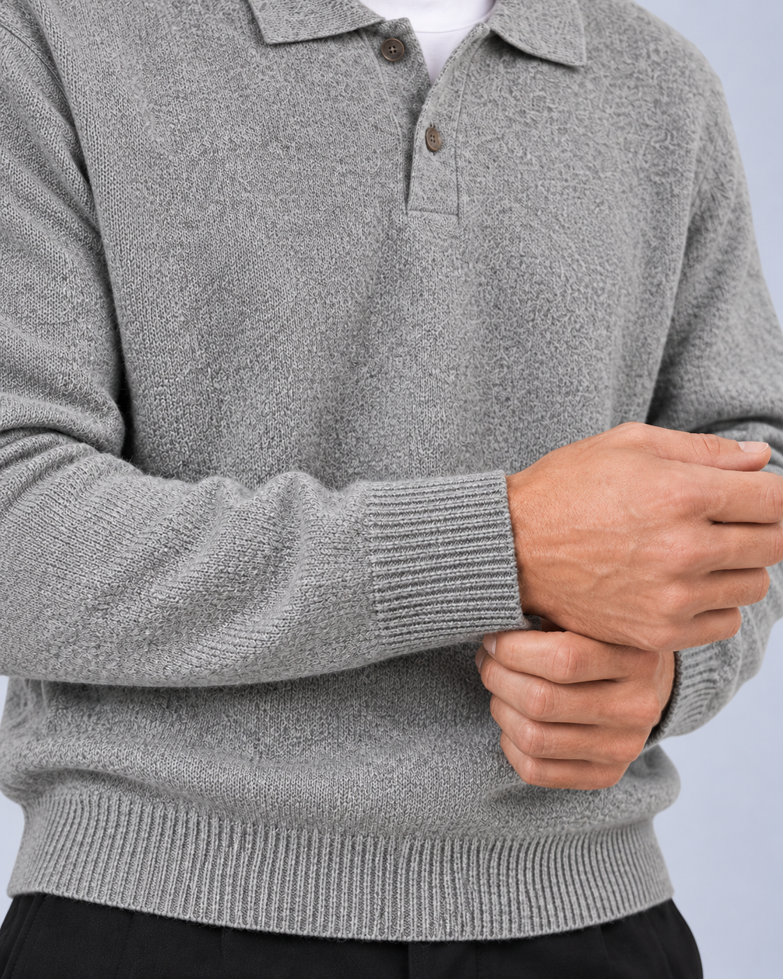 Ellis & Rowe Light Grey men's loose-fit collared long-sleeve knit pullover, cuff detail, studio photograph