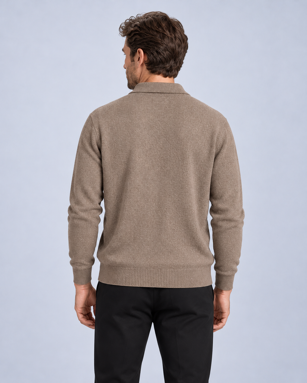 Ellis & Rowe Brown men's loose-fit collared long-sleeve knit pullover, back, studio photograph