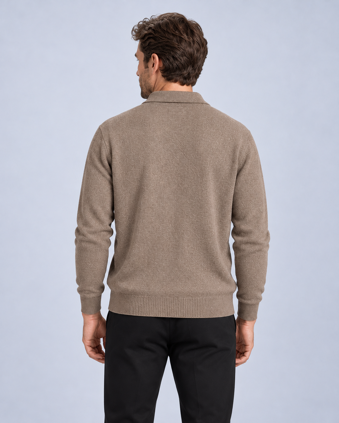 Ellis & Rowe Brown men's loose-fit collared long-sleeve knit pullover, back, studio photograph