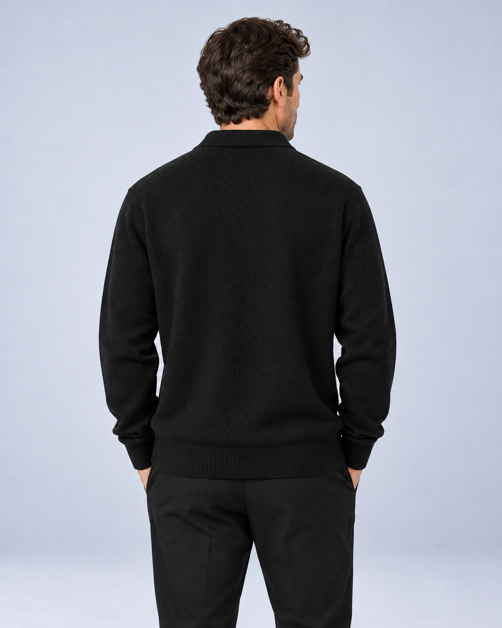 Ellis & Rowe Black men's loose-fit collared long-sleeve knit pullover, back, studio photograph