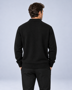 Ellis & Rowe Black men's loose-fit collared long-sleeve knit pullover, back, studio photograph