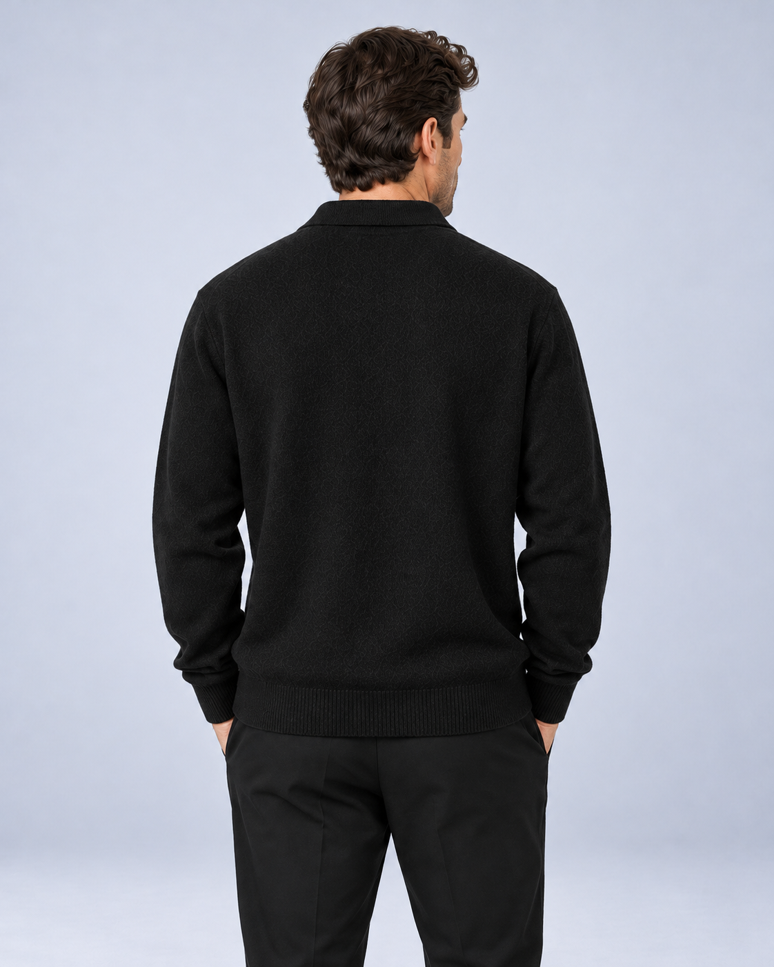 Ellis & Rowe Black men's loose-fit collared long-sleeve knit pullover, back, studio photograph
