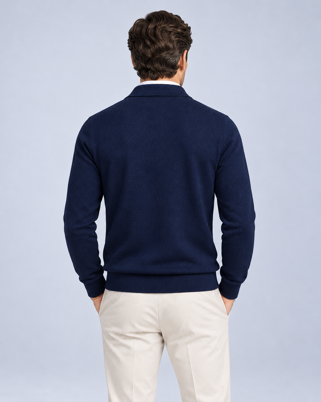 Ellis & Rowe Navy Blue men's full-zip collared knit jumper, back, studio photograph
