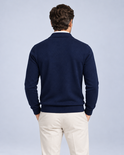 Ellis & Rowe Navy Blue men's full-zip collared knit jumper, back, studio photograph