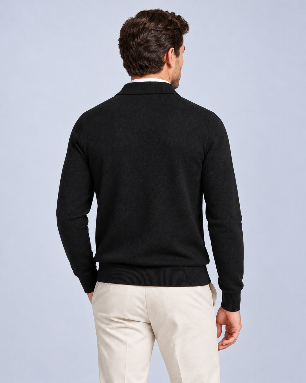 Ellis & Rowe Black men's full-zip collared knit jumper, back, studio photograph