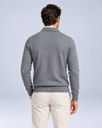 Ellis & Rowe Dark Grey men's full-zip collared knit jumper, back, studio photograph