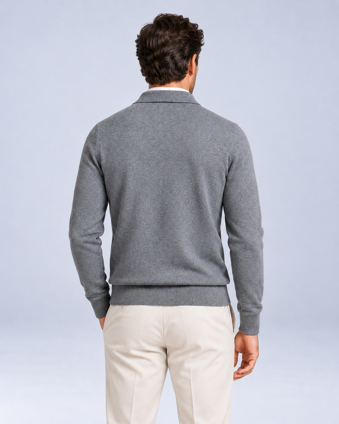 Ellis & Rowe Dark Grey men's full-zip collared knit jumper, back, studio photograph