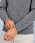 Ellis & Rowe Dark Grey men's full-zip collared knit jumper, cuff detail, studio photograph