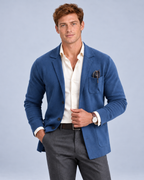 Ellis & Rowe Blue knit blazer, front, soft studio photograph