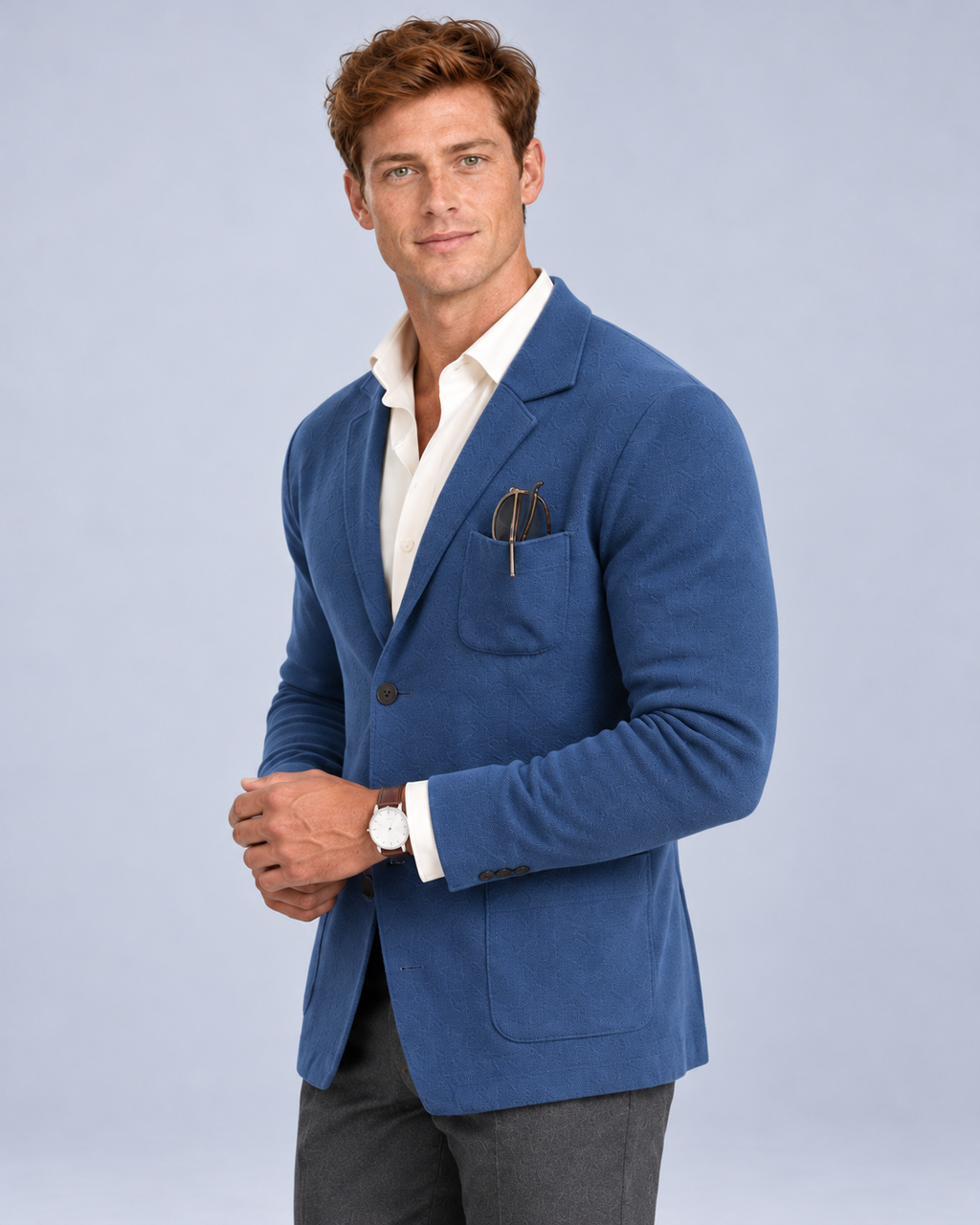 Ellis & Rowe Blue knit blazer, 02-blue-three-quarter, soft studio photograph
