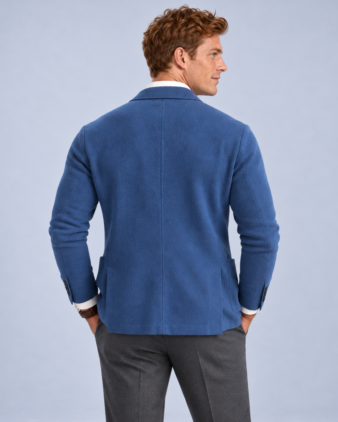 Ellis & Rowe Blue knit blazer, 03-blue-rear, soft studio photograph