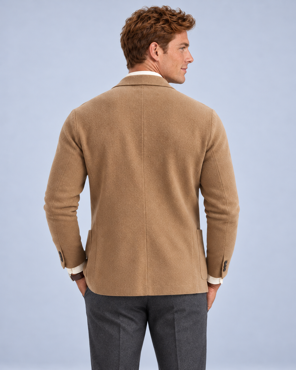 Ellis & Rowe Beige knit blazer, 06-beige-rear, soft studio photograph