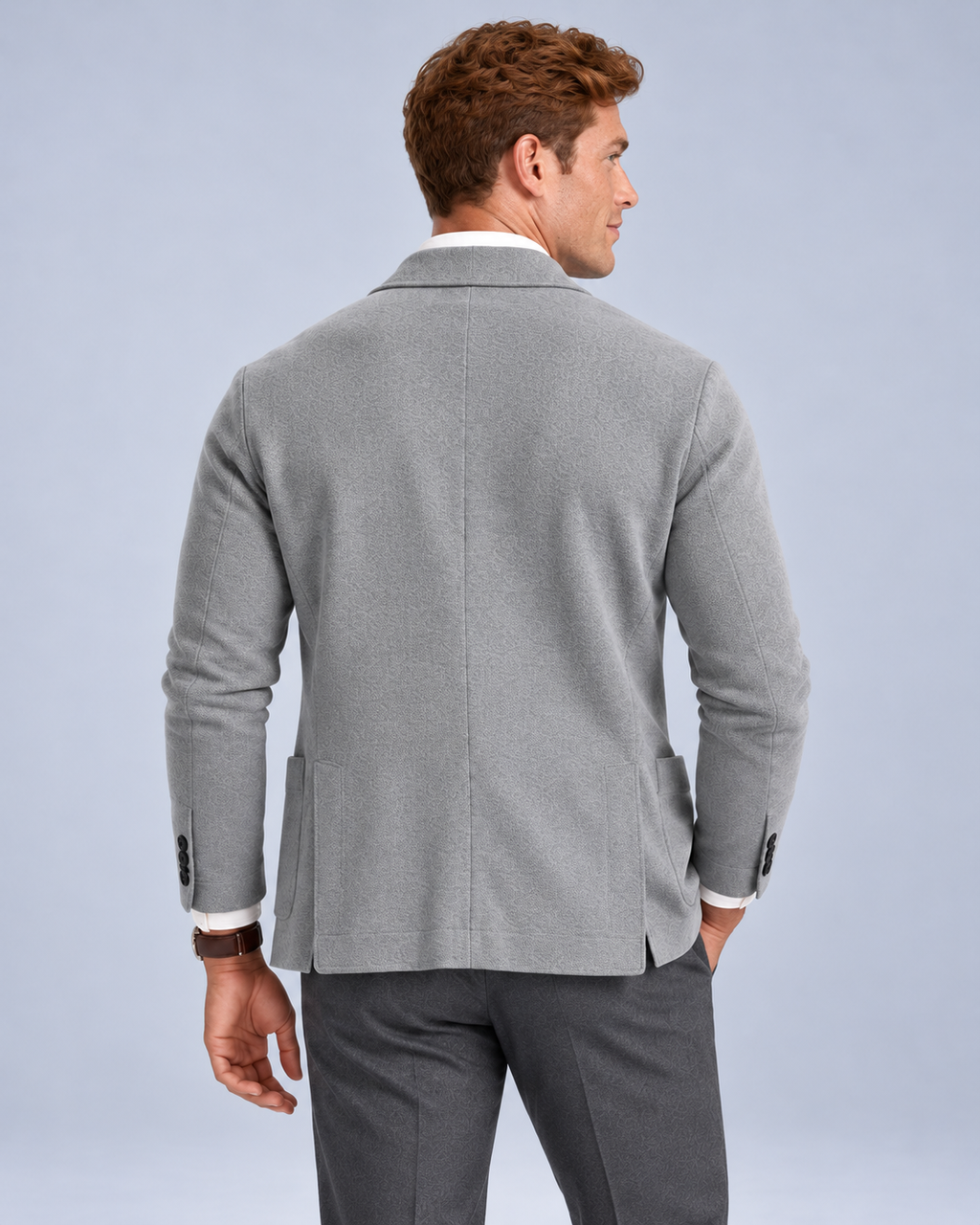 Ellis & Rowe Grey knit blazer, 10-grey-rear, soft studio photograph
