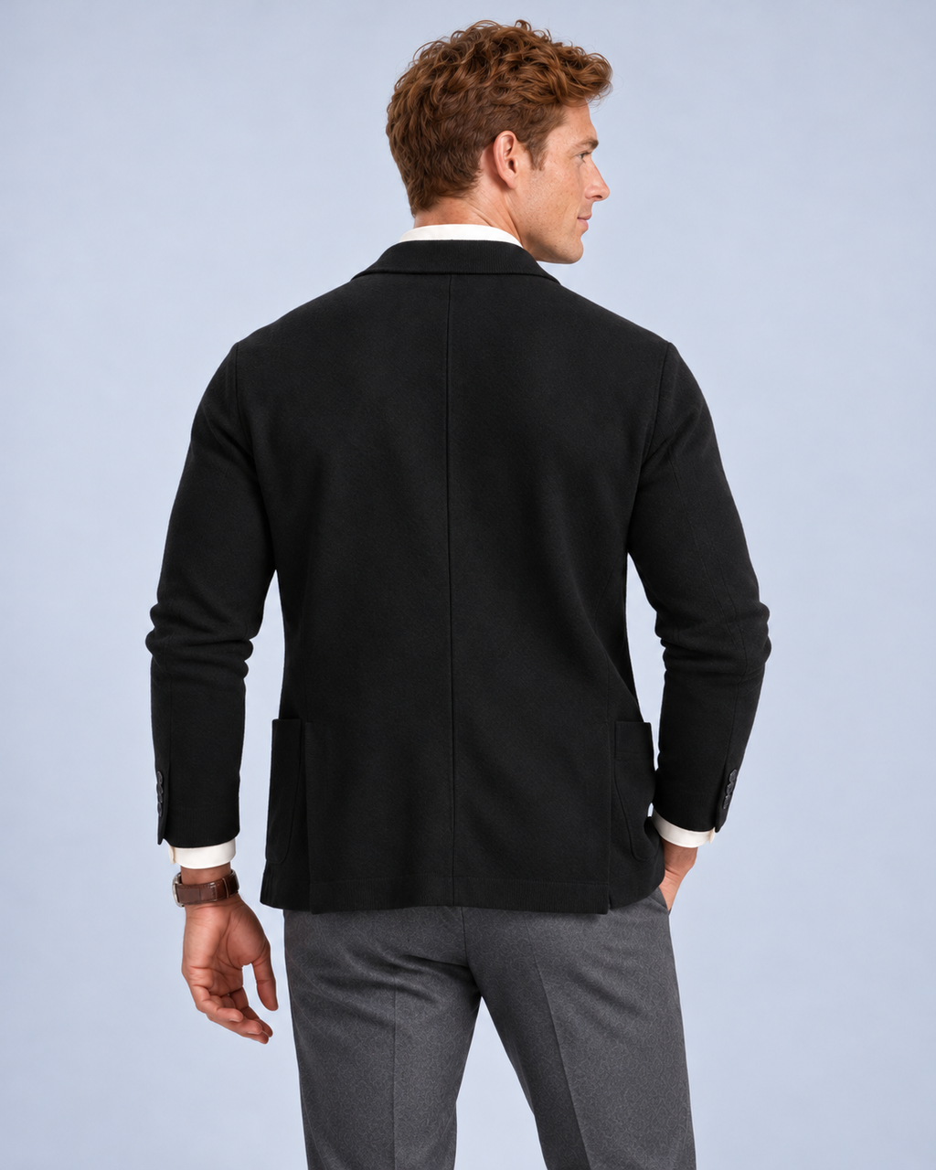 Ellis & Rowe Black knit blazer, 13-black-rear, soft studio photograph