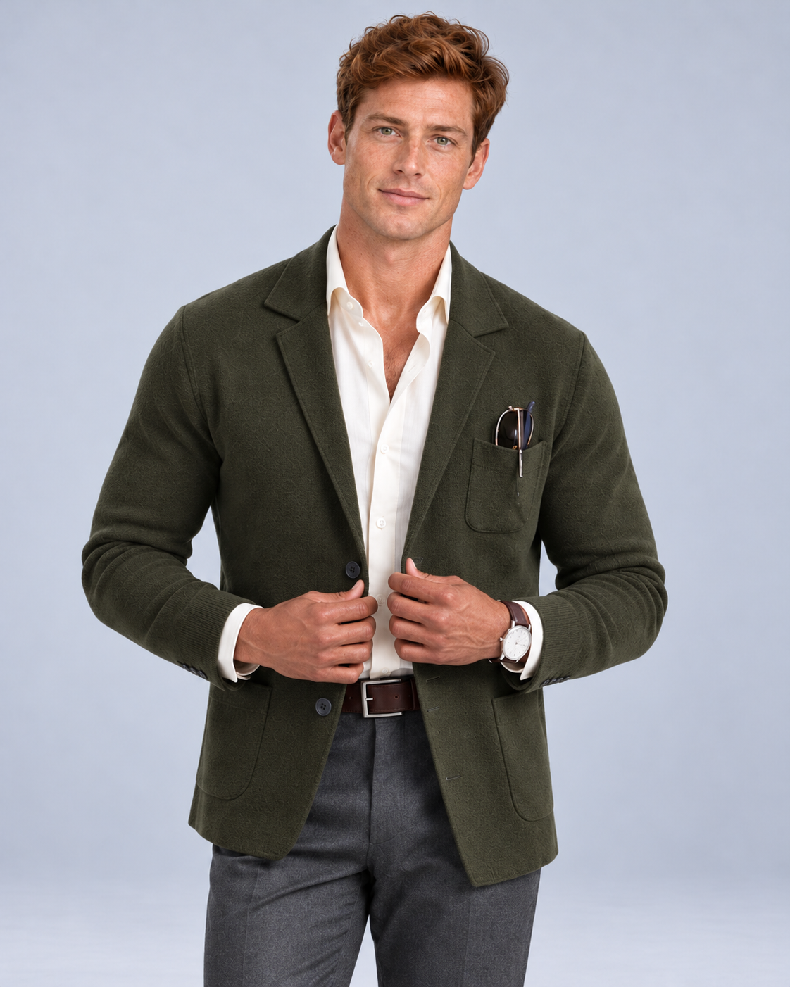 Ellis & Rowe Dark Green knit blazer, 14-darkgreen-front, soft studio photograph