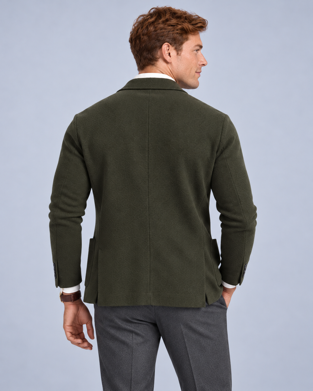 Ellis & Rowe Dark Green knit blazer, 16-darkgreen-rear, soft studio photograph