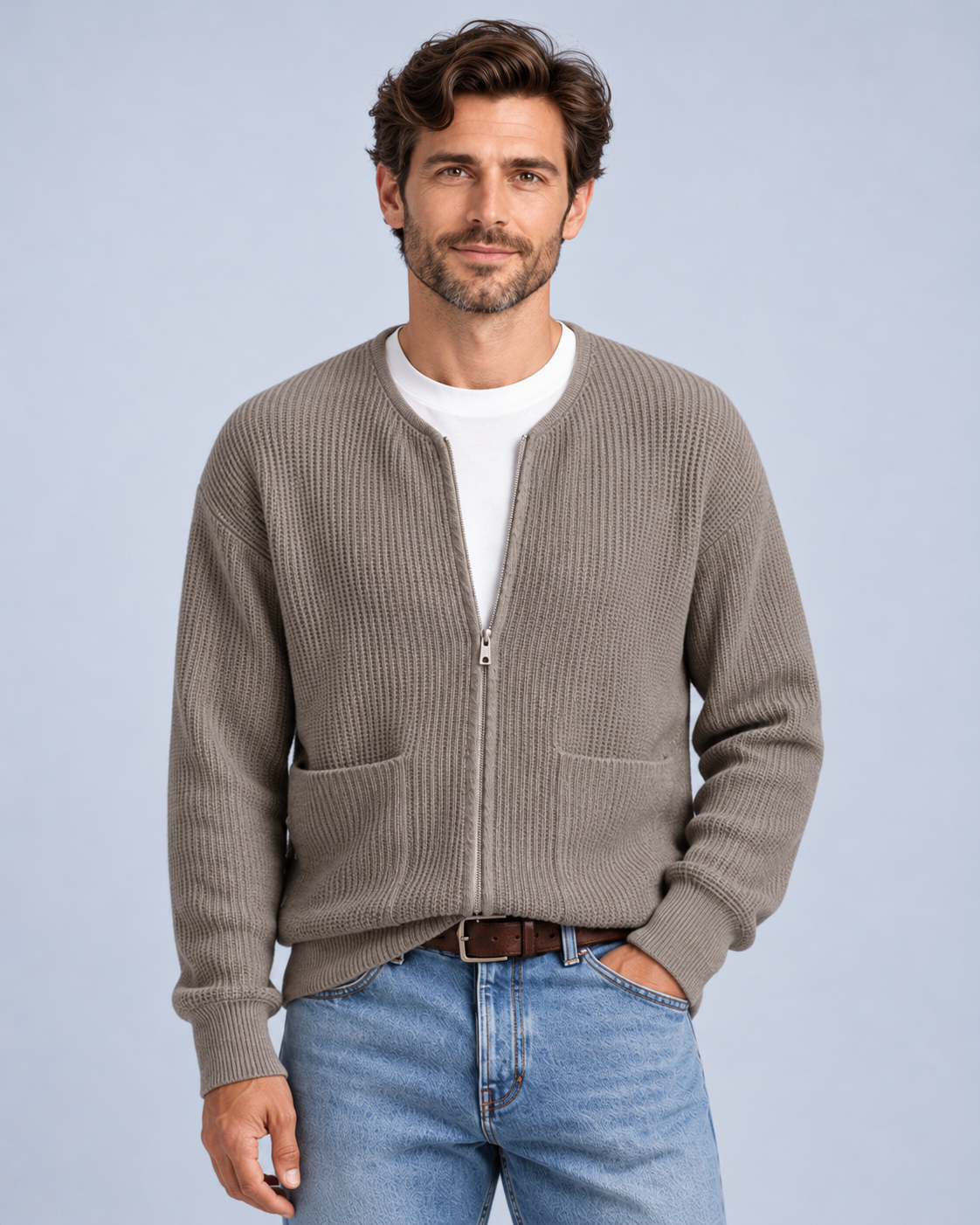 Ellis & Rowe Khaki zip knit cardigan, 01-khaki-front, ER-M05 studio photograph
