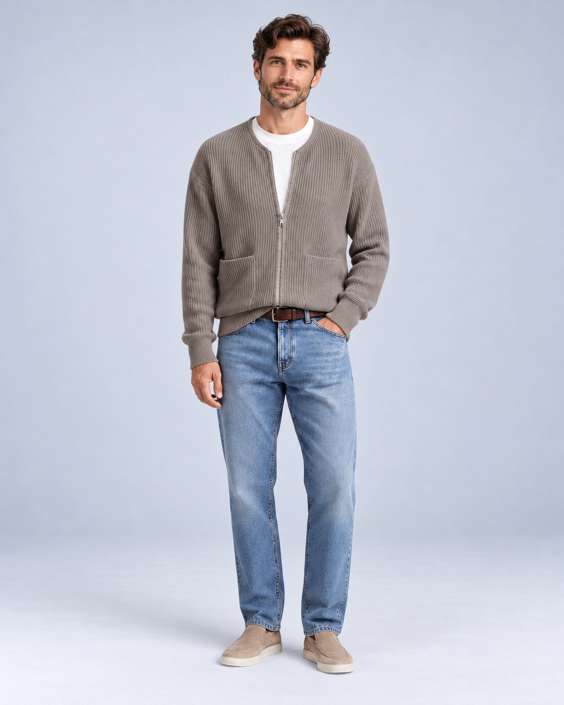 Ellis & Rowe Khaki zip knit cardigan, 03-khaki-fullbody, ER-M05 studio photograph