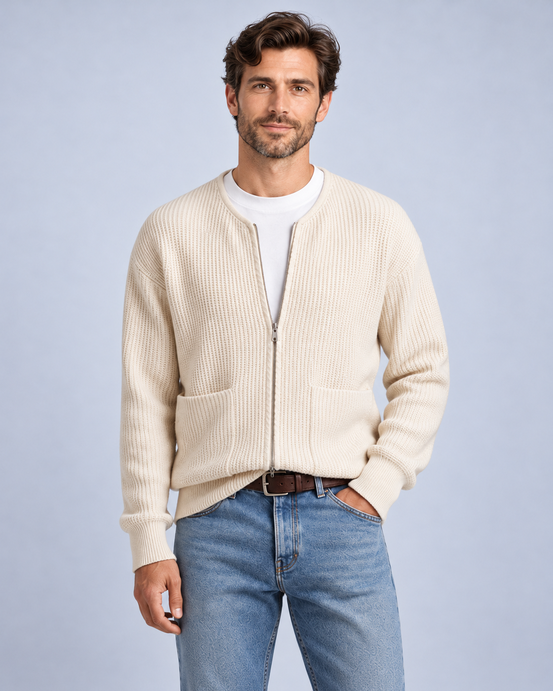 Ellis & Rowe Apricot zip knit cardigan, 05-apricot-front, ER-M05 studio photograph