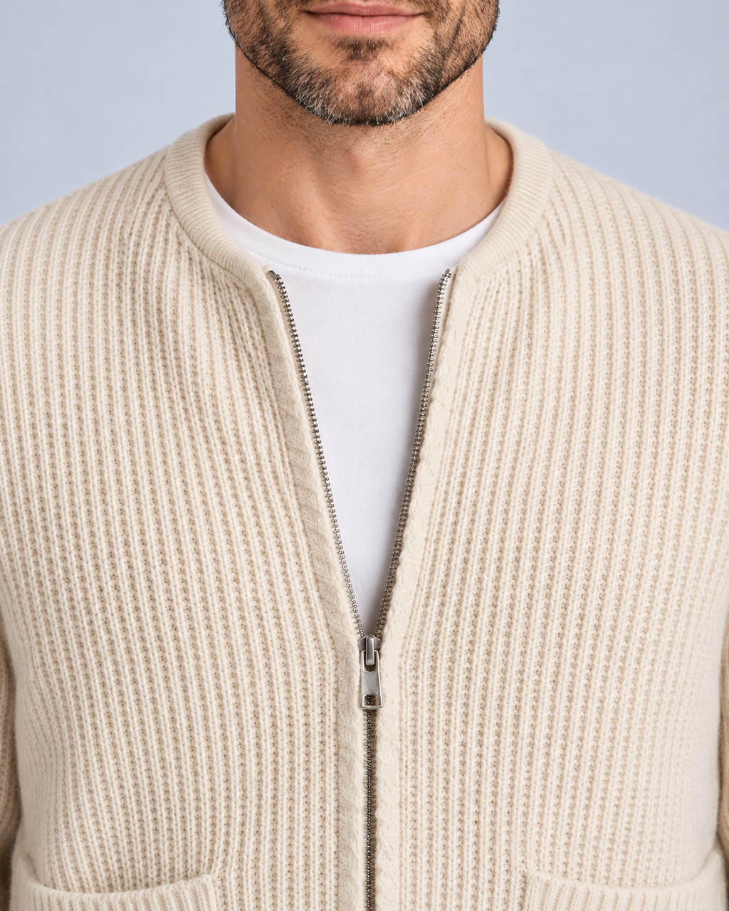 Ellis & Rowe Apricot zip knit cardigan, 08-apricot-zip-detail, ER-M05 studio photograph