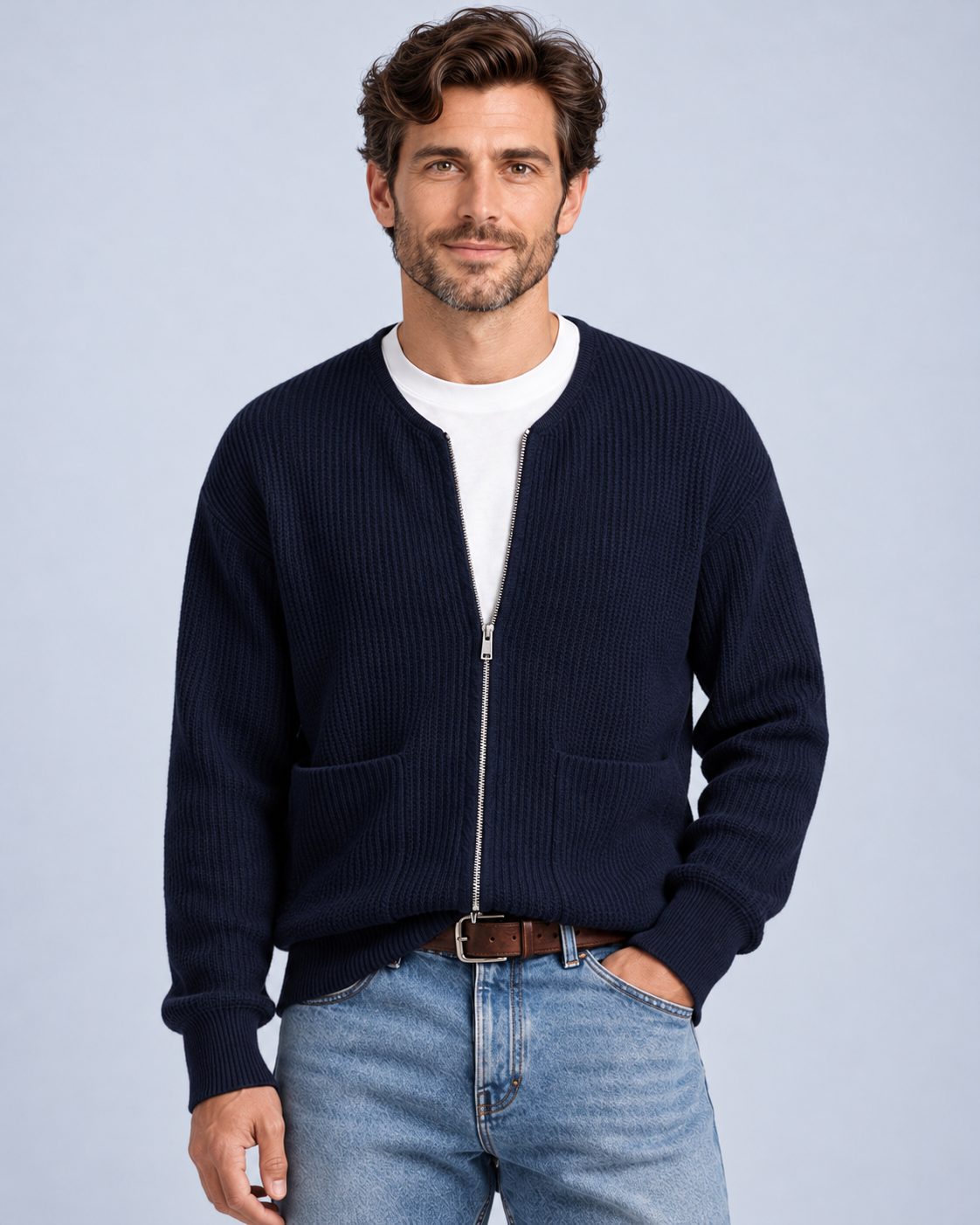 Ellis & Rowe Navy zip knit cardigan, 09-navy-front, ER-M05 studio photograph