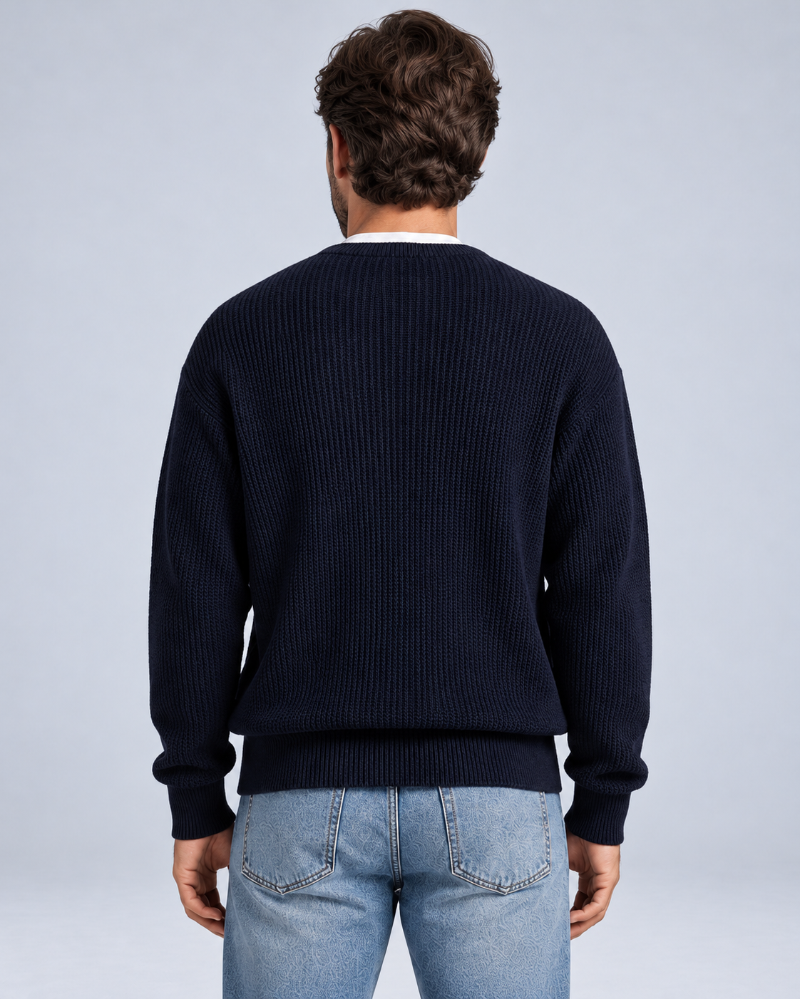 Ellis & Rowe Navy zip knit cardigan, 10-navy-rear, ER-M05 studio photograph