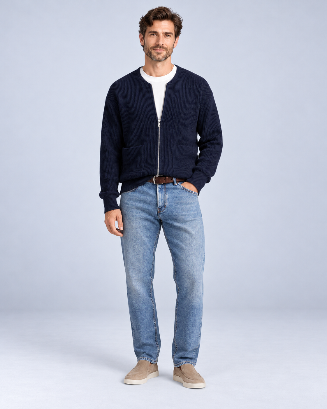Ellis & Rowe Navy zip knit cardigan, 11-navy-fullbody, ER-M05 studio photograph