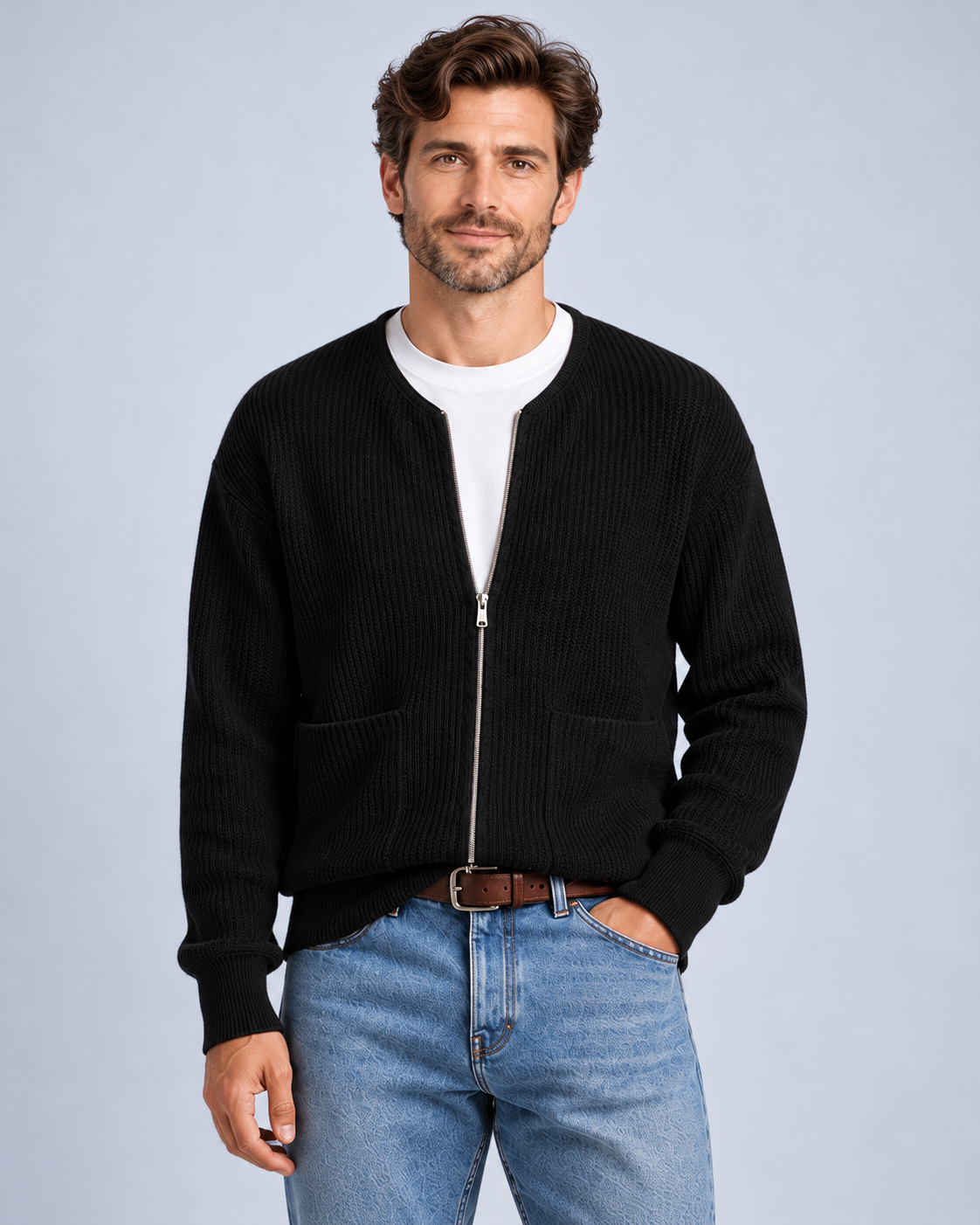 Ellis & Rowe Black zip knit cardigan, 12-black-front, ER-M05 studio photograph