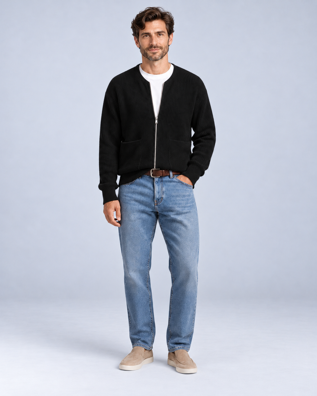 Ellis & Rowe Black zip knit cardigan, 14-black-fullbody, ER-M05 studio photograph
