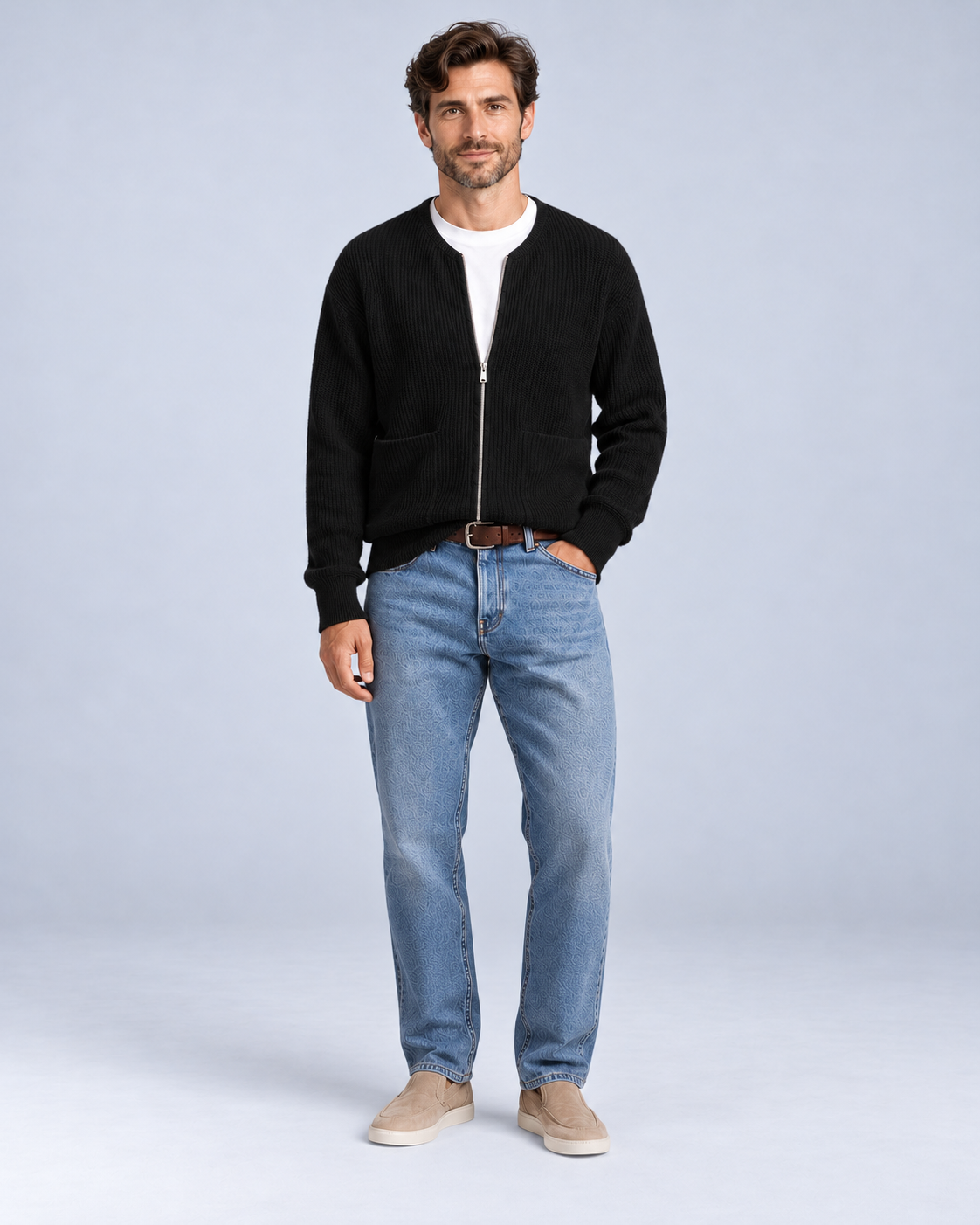 Ellis & Rowe Black zip knit cardigan, 14-black-fullbody, ER-M05 studio photograph