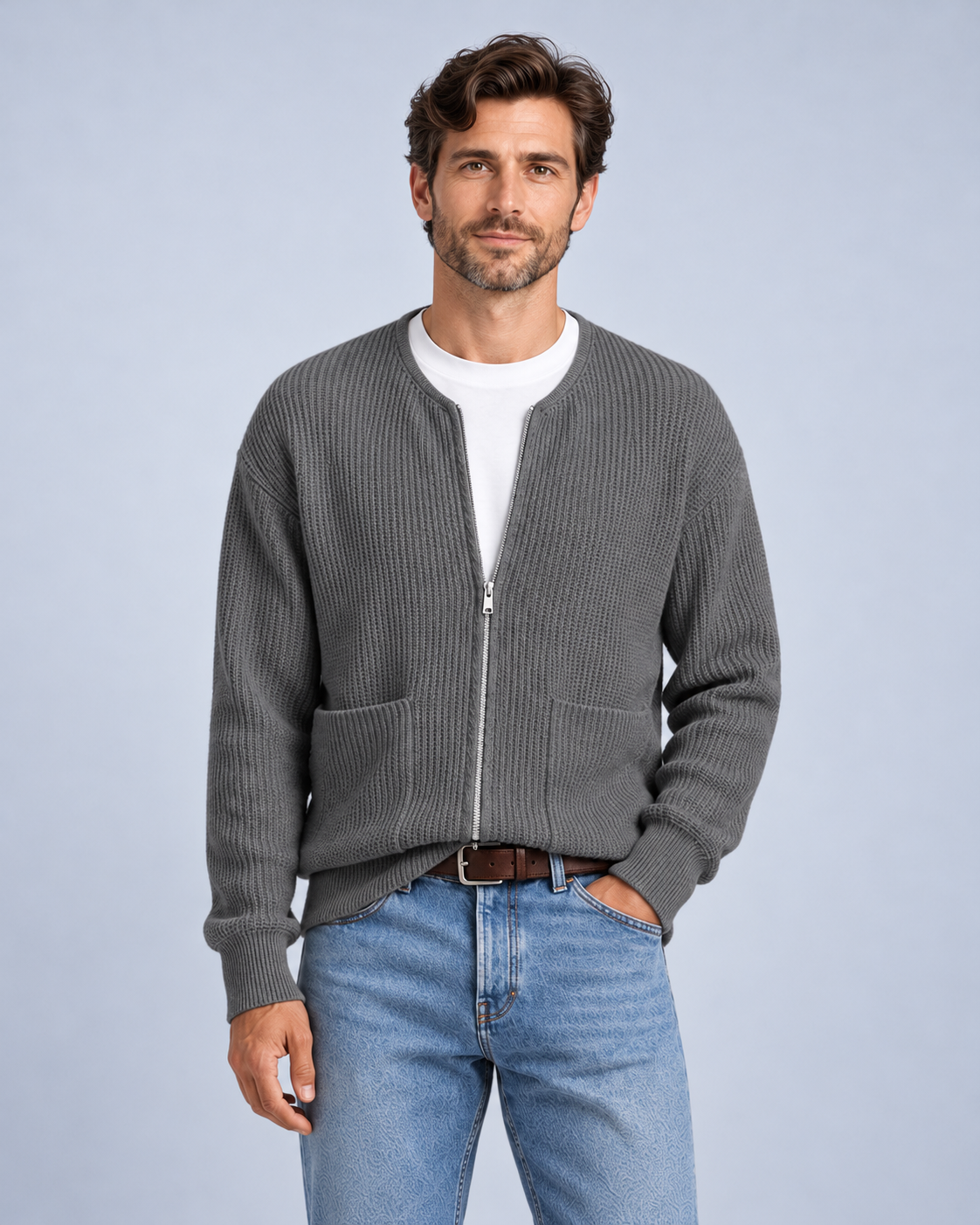 Ellis & Rowe Grey zip knit cardigan, 15-grey-front, ER-M05 studio photograph