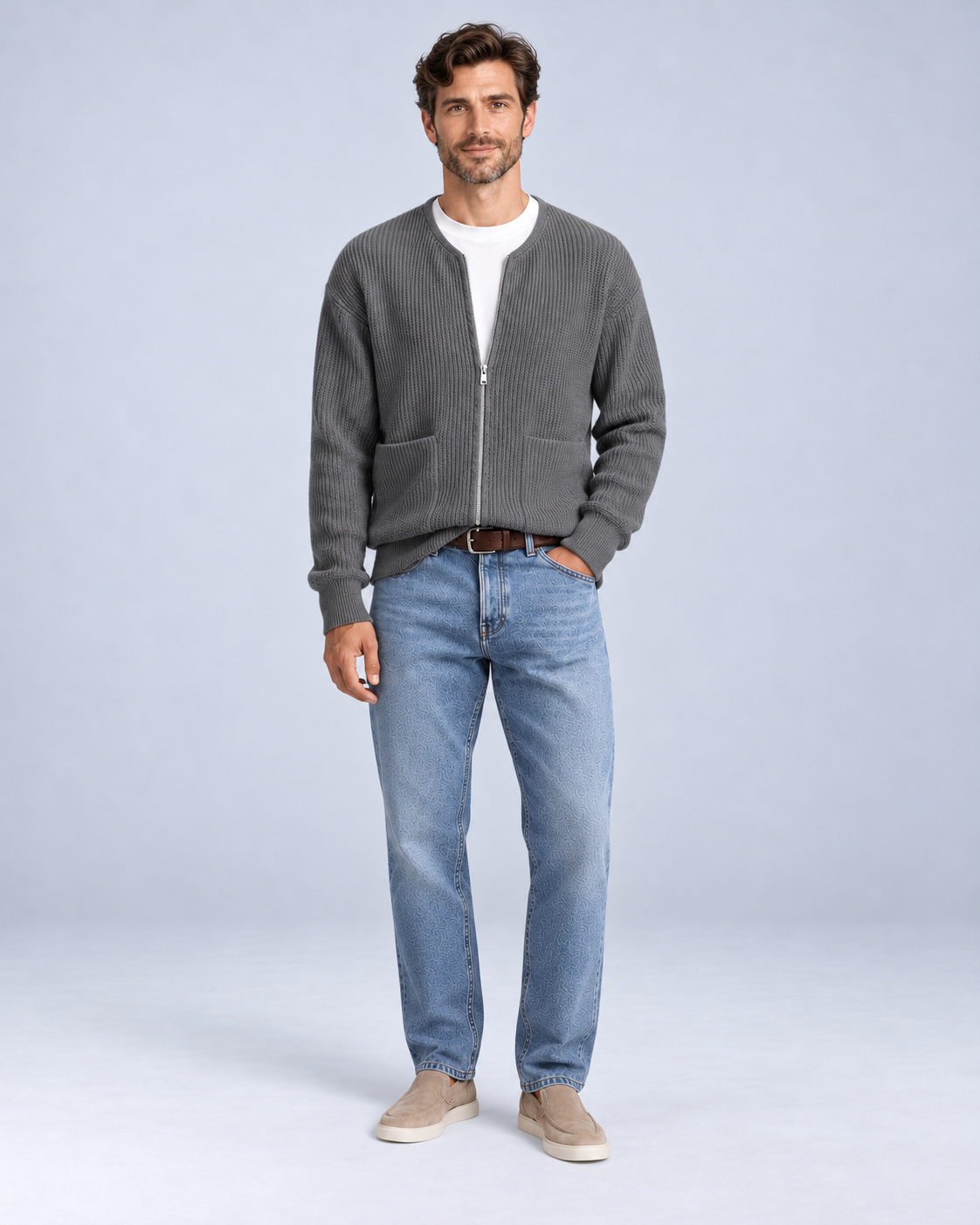 Ellis & Rowe Grey zip knit cardigan, 17-grey-fullbody, ER-M05 studio photograph