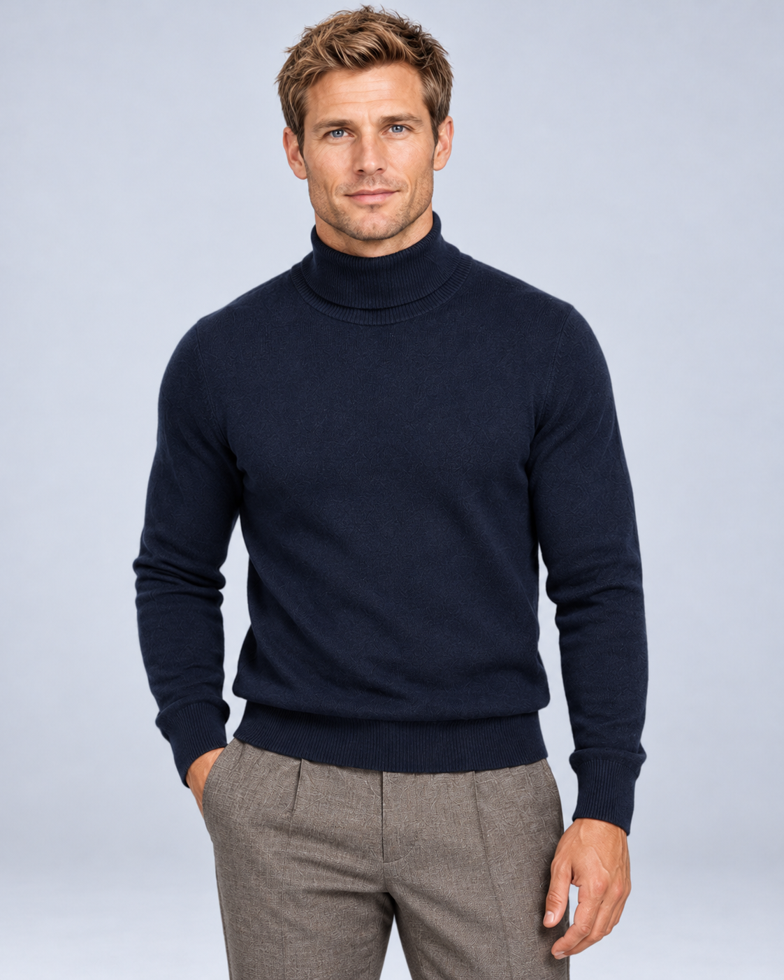 Ellis & Rowe Navy turtleneck sweater, front, soft studio photograph