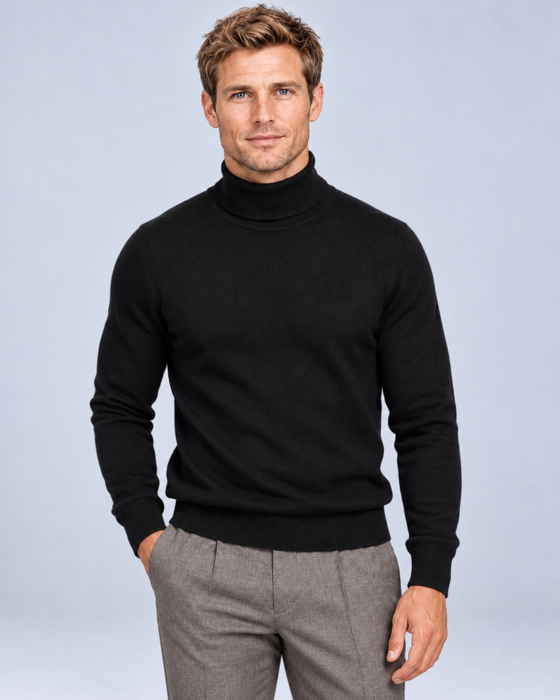 Ellis & Rowe Black turtleneck sweater, front, soft studio photograph