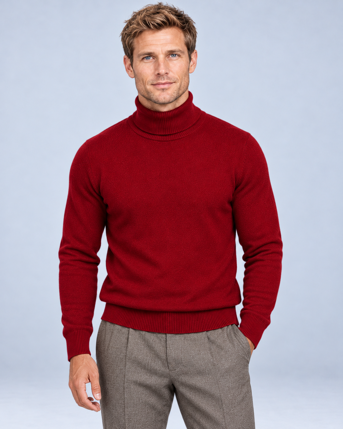 Ellis & Rowe Red turtleneck sweater, front, soft studio photograph