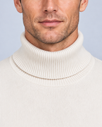 Ellis & Rowe White turtleneck sweater, collar detail, soft studio photograph