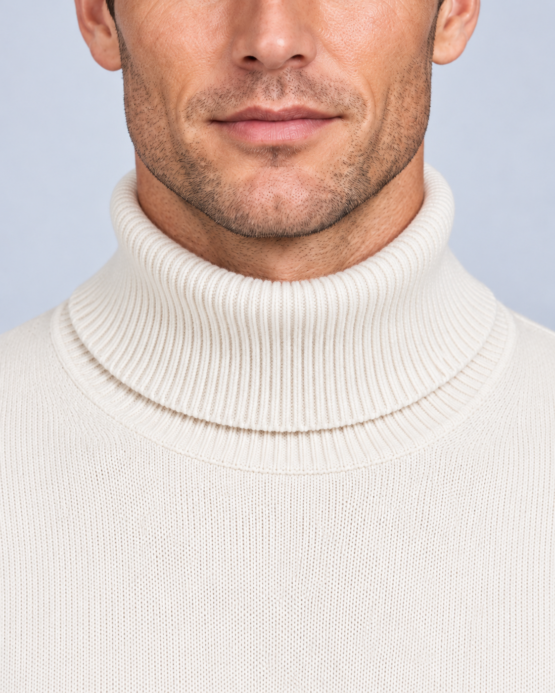 Ellis & Rowe White turtleneck sweater, collar detail, soft studio photograph