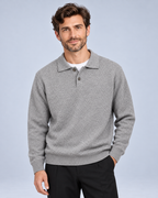 Ellis & Rowe Light Grey collared knit pullover, front, soft studio photograph