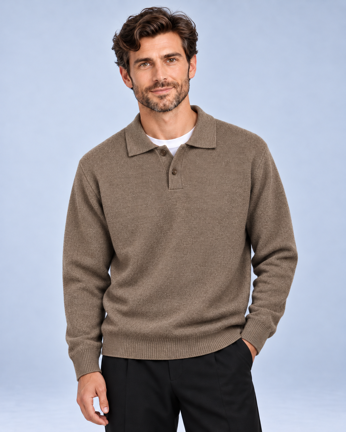Ellis & Rowe Brown collared pullover, front, soft studio photograph