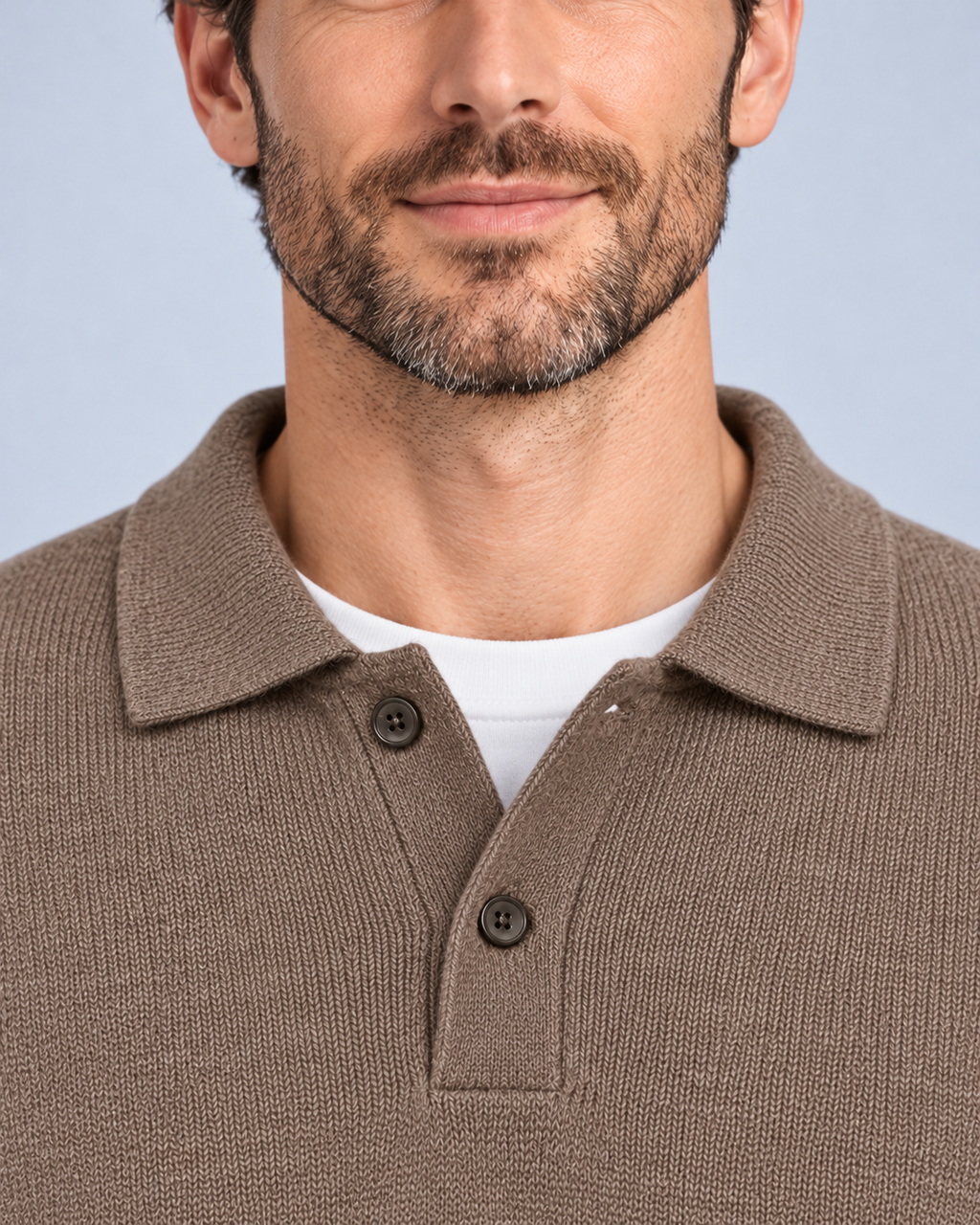 Ellis & Rowe Brown collared pullover, collar-detail, soft studio photograph